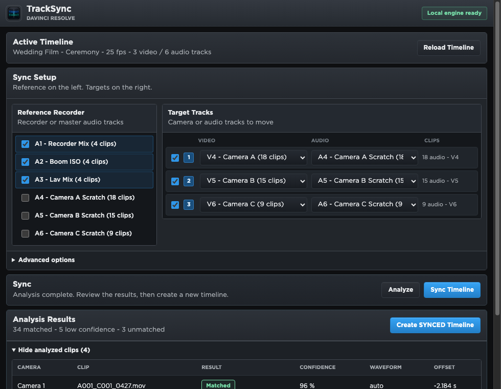TrackSync results screen showing matched and low confidence clips.